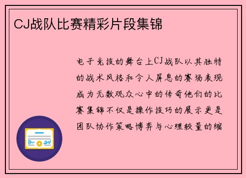 CJ战队比赛精彩片段集锦