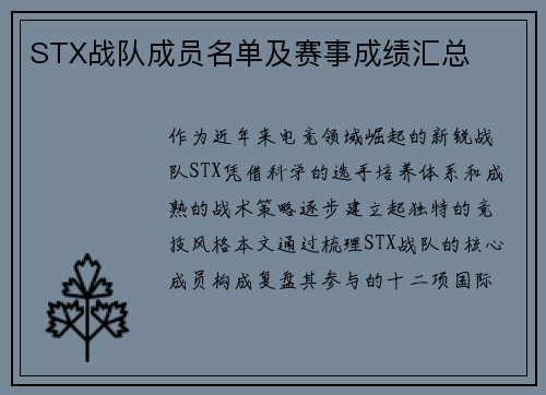 STX战队成员名单及赛事成绩汇总