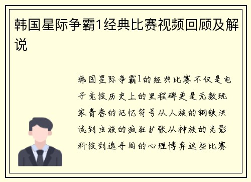 韩国星际争霸1经典比赛视频回顾及解说