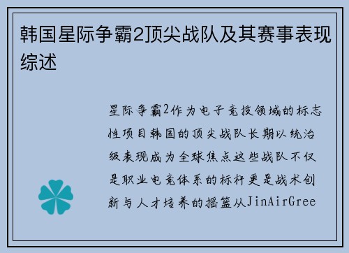 韩国星际争霸2顶尖战队及其赛事表现综述