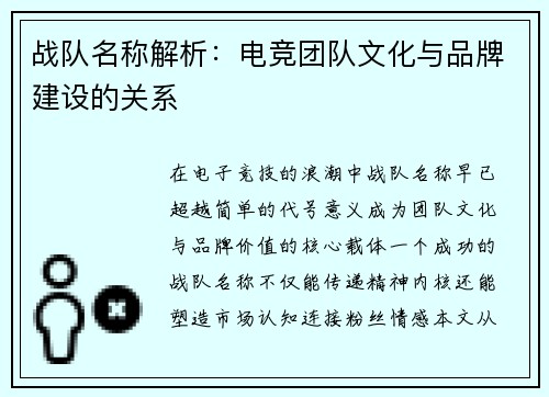 战队名称解析：电竞团队文化与品牌建设的关系